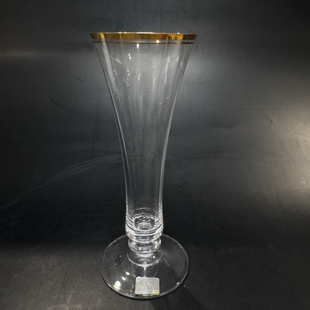 Vintage Mikasa Austria Jamestown Gold Rim Crystal Flower Bud Vase w Box T2703